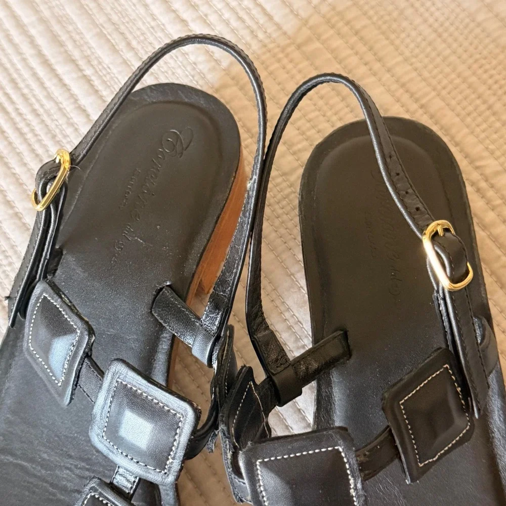 NEW Corcione dal 1925 Women Black Leather TStrap Slingback Sandals Italy Size 39